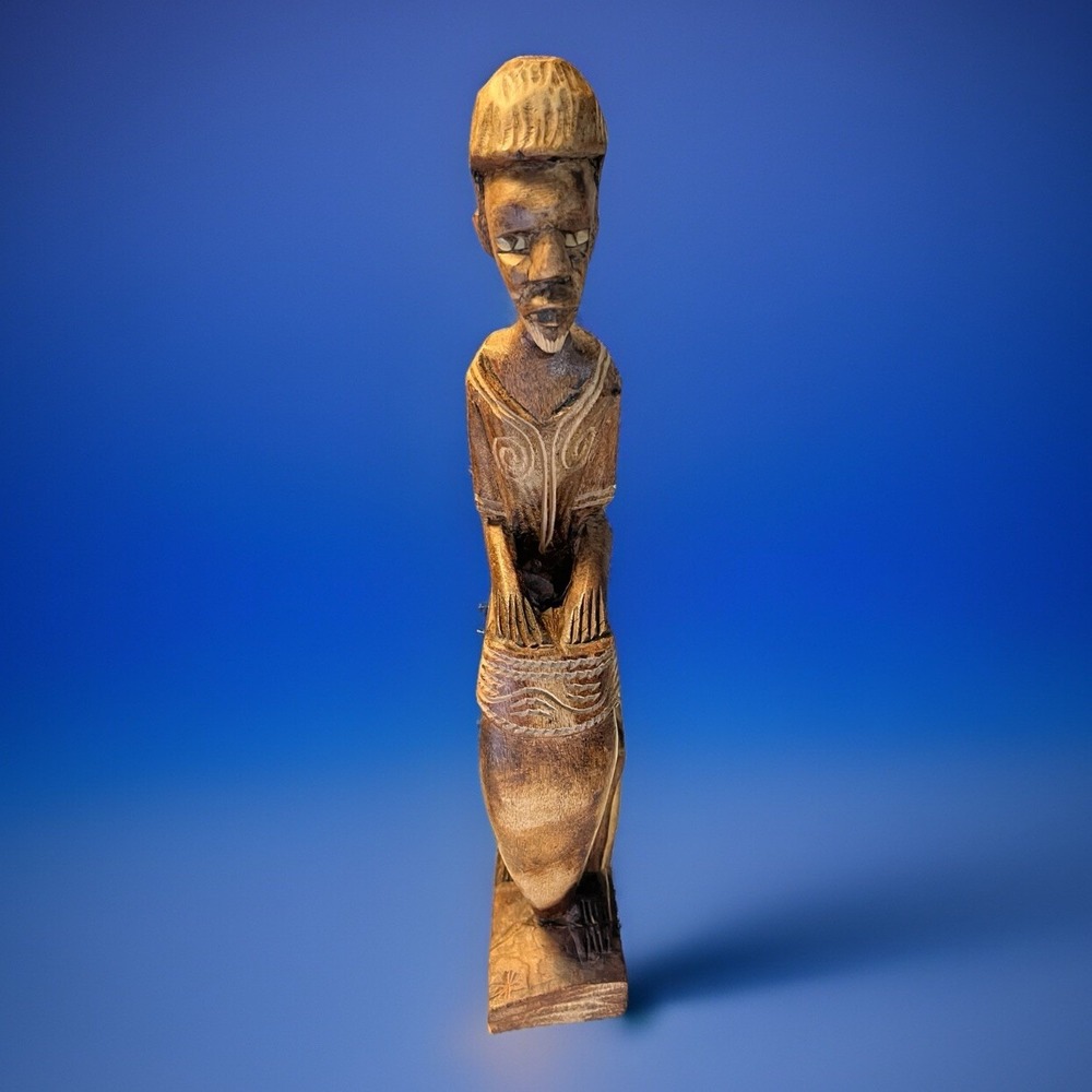Vintage‎ Hand Carved African Tribal Figurine w/ Tall Basket 12.25" Tall